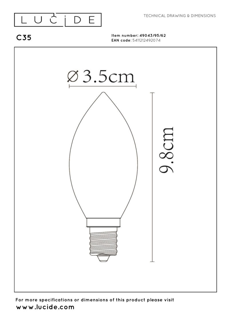 Lucide C35 - Filament bulb - Ø 3,5 cm - E14 - 1x3W 2200K - Amber
